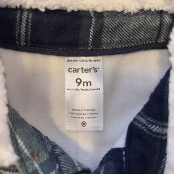 Carter's Baby One-Piece Sz 9 M Green And Navy Plaid Fleece Lined Baby Jumpsuit‎ - Picture 3 of 8